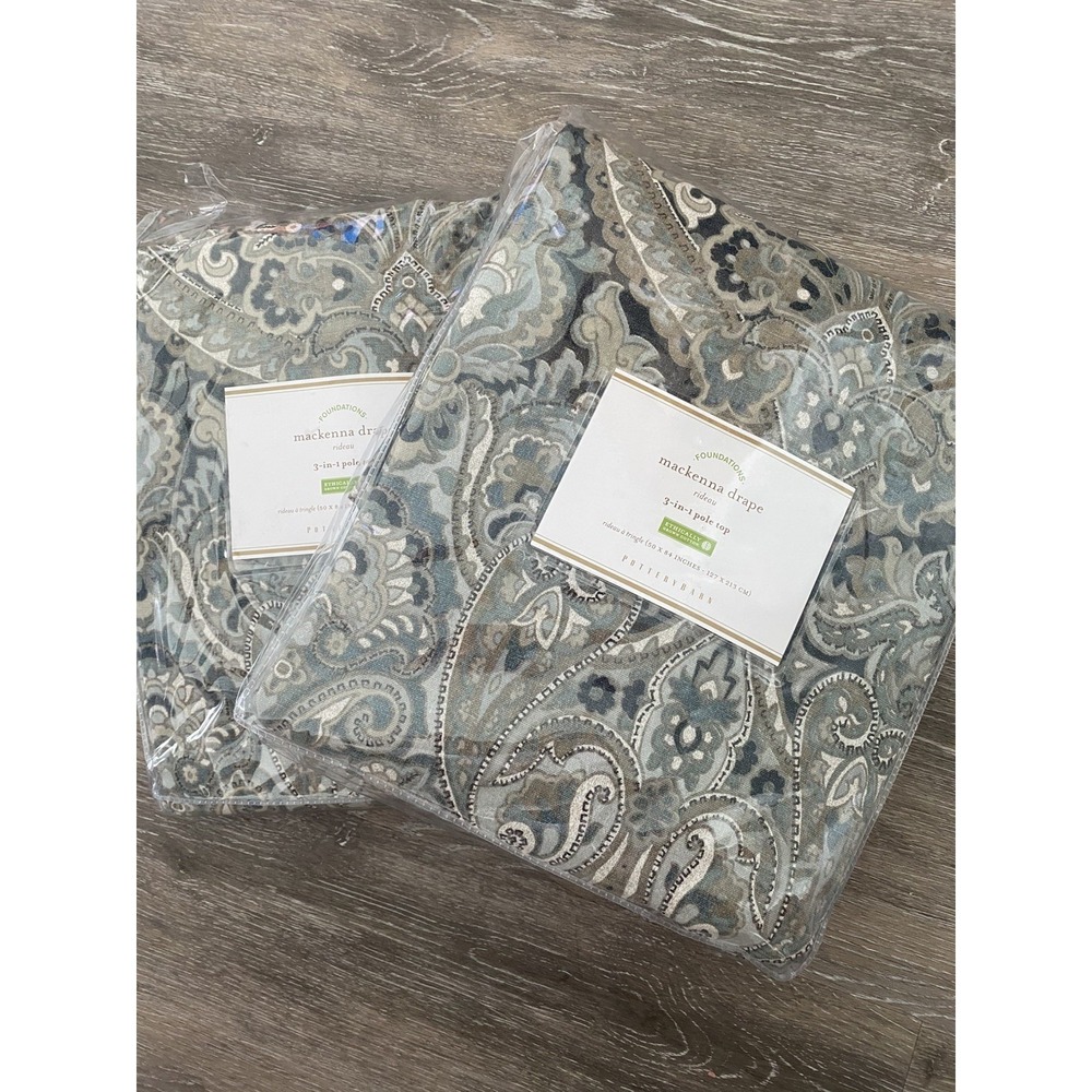 Pottery Barn Mackenna Drapes Set 2 Blue 50x‎ 84 Curtains Medallion Paisley New